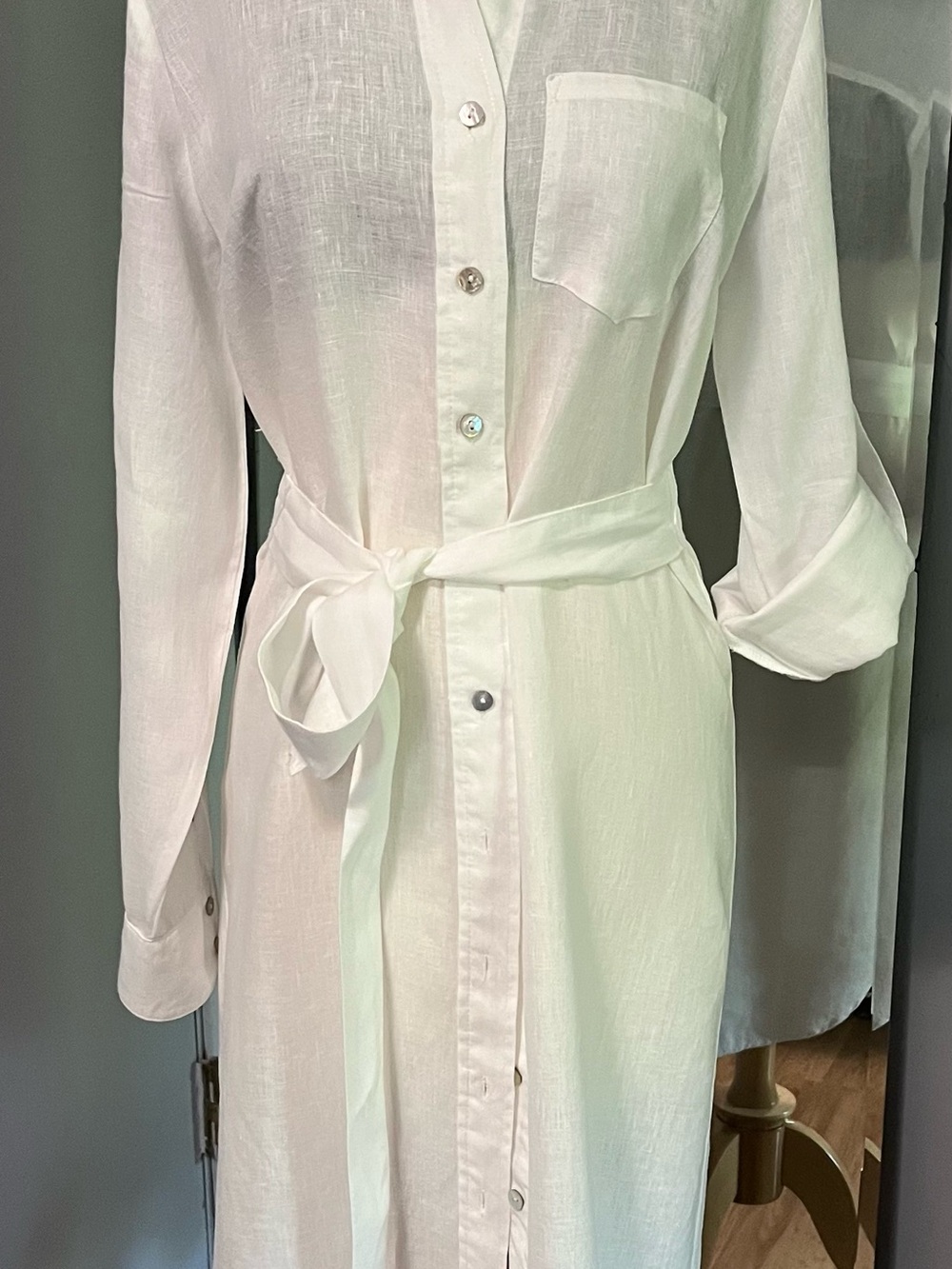 Magaschoni Crisp White Linen Shirt Dress with Tie Waist - Picture 4 of 7